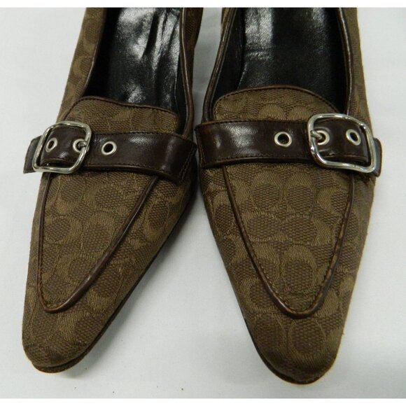 Coach Brown Monogram Buckle Loafers Pointed Toe Heel 7.5B Womens Leather Canvas - Picture 9 of 12